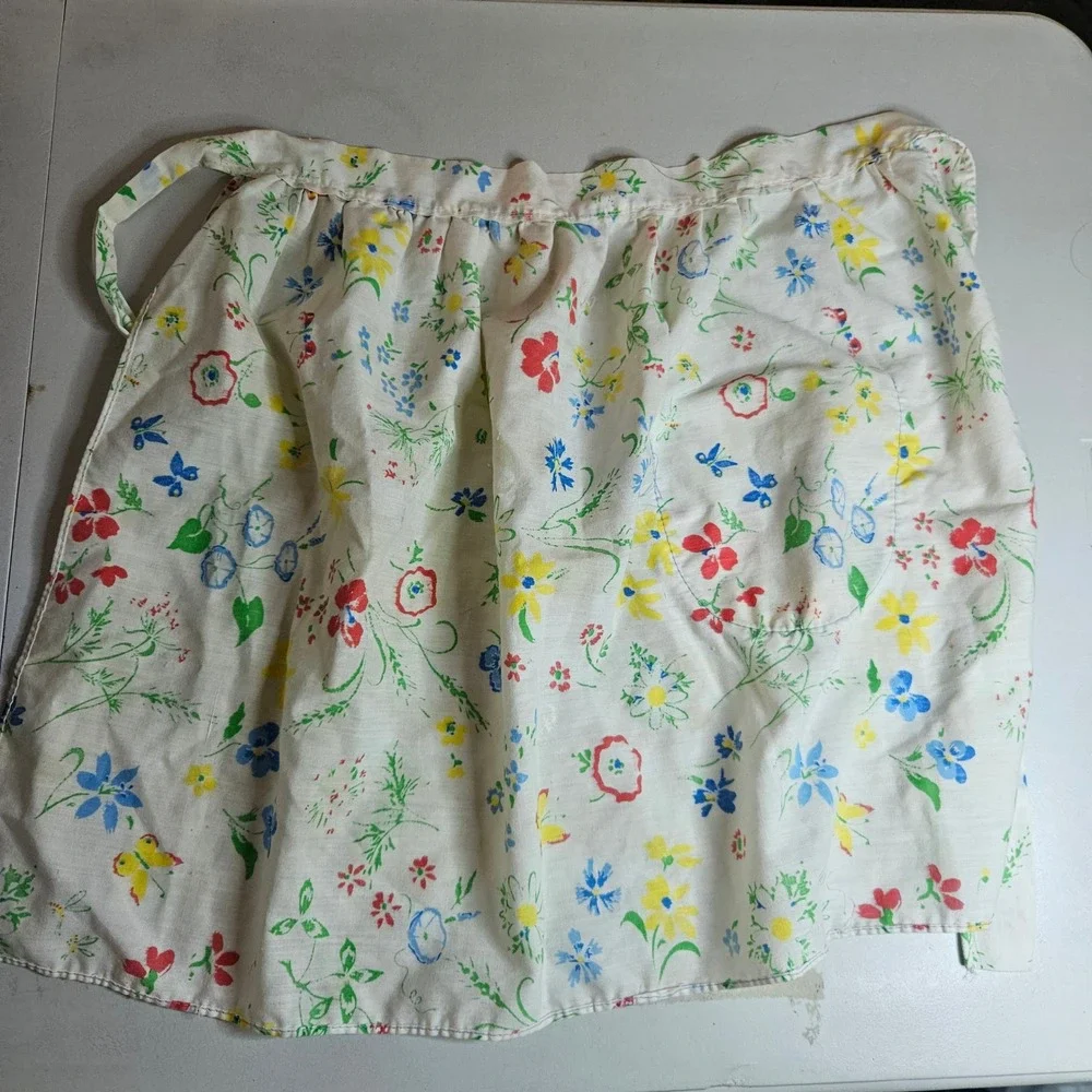 Vintage Floral Butterfly Half Apron White Cotton‎ Multi Color Retro Cottagecore